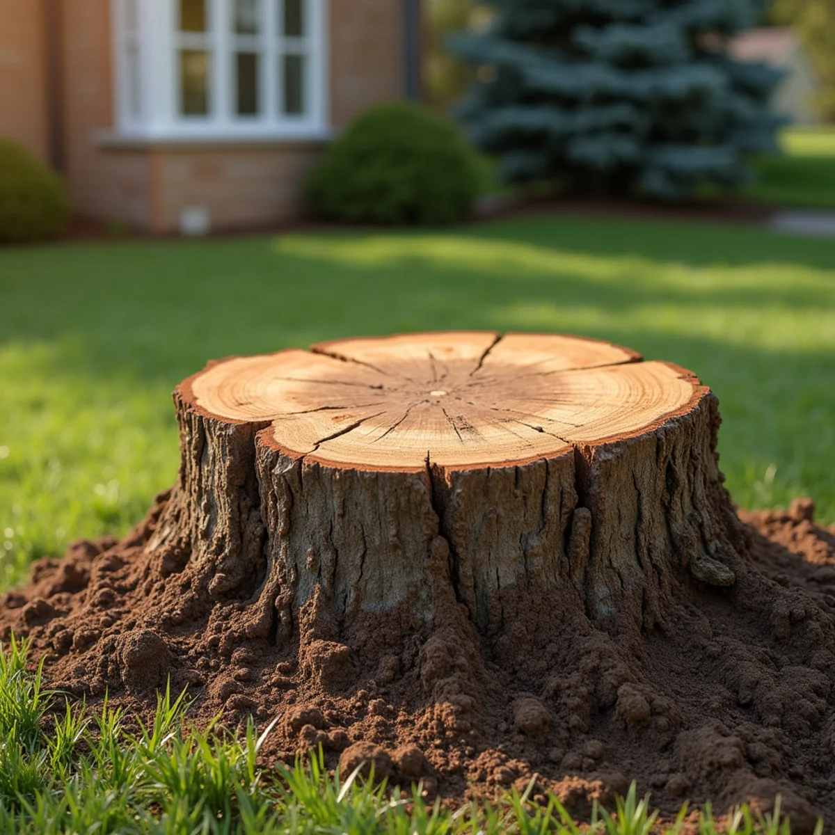 Unsightly tree stump in Springfield residential yard before grinding