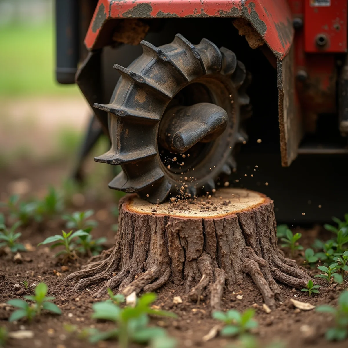 Tracked commercial stump grinder removing tree stump in Springfield lawn