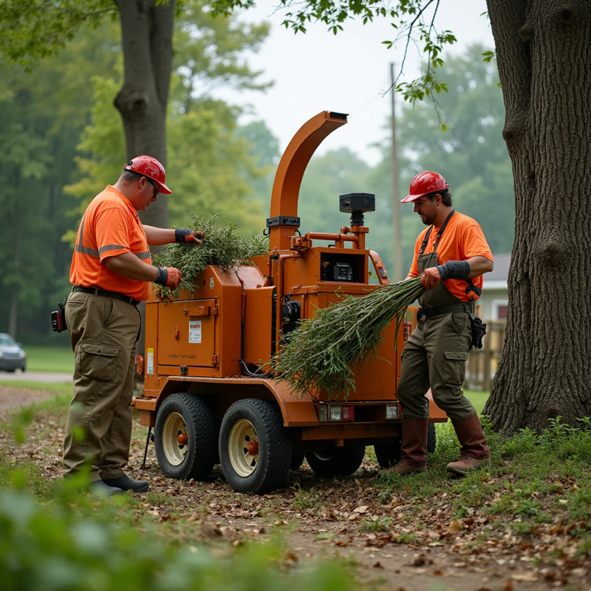 Ground crew feeding green tree limbs into commercial brush chipper