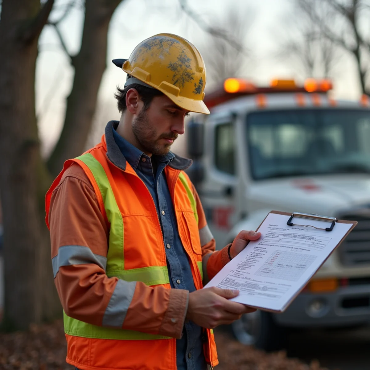 Arborist foreman reviewing job site safety plan near tree care truck